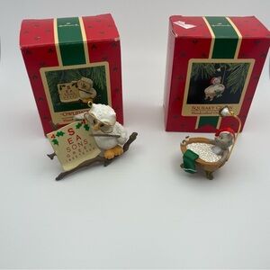 Vintage Hallmark Ornaments Set Of 2 Squeaky Clean & Owliday Wish W/ Box